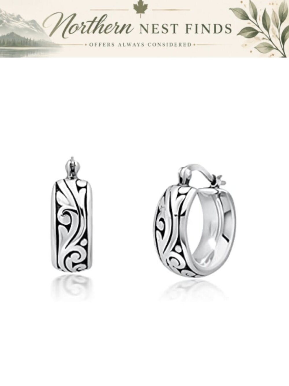 925 Sterling Silver Hoop Earrings Lightweight Chunky Filigree Click-Top